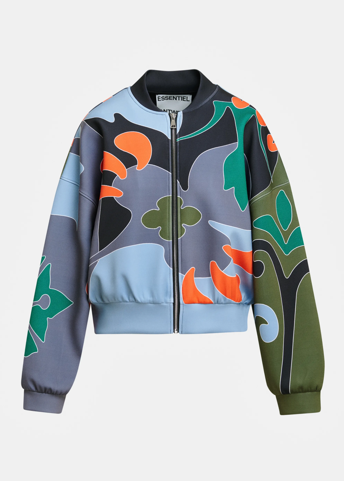 Kiva Placed Print Bomber in blue, khaki and dark grey