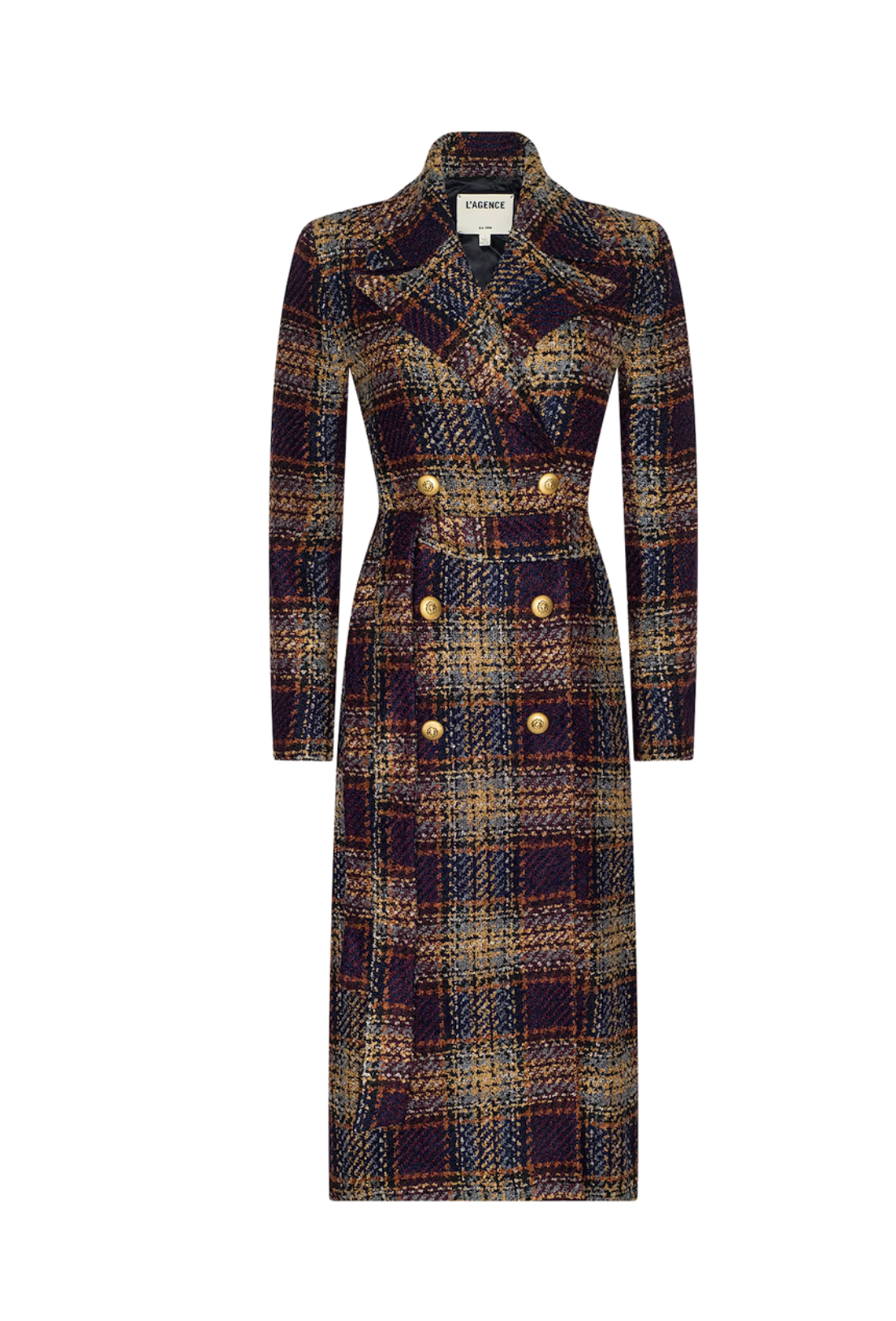 A double-breasted plaid coat from Chanel, featuring a navy, brown, and beige tartan pattern with prominent gold buttons, shown on a plain white background.