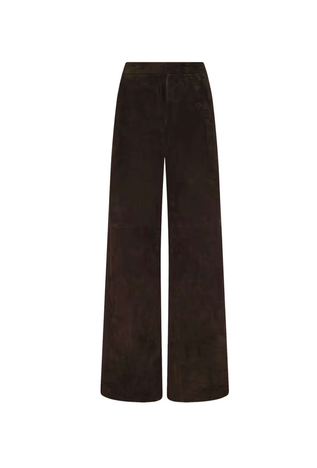 Dark brown wide-leg trousers made of a soft suede or velvety fabric, shown flat against a solid white background.