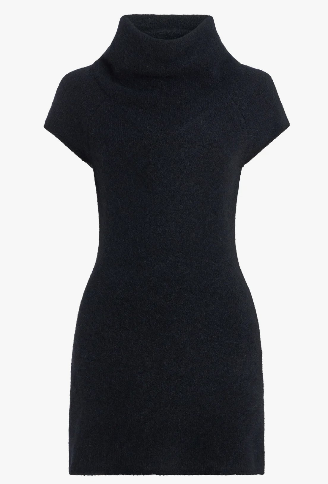 A black short-sleeve turtleneck sweater dress with a fuzzy, brushed texture, shown against a plain white background.