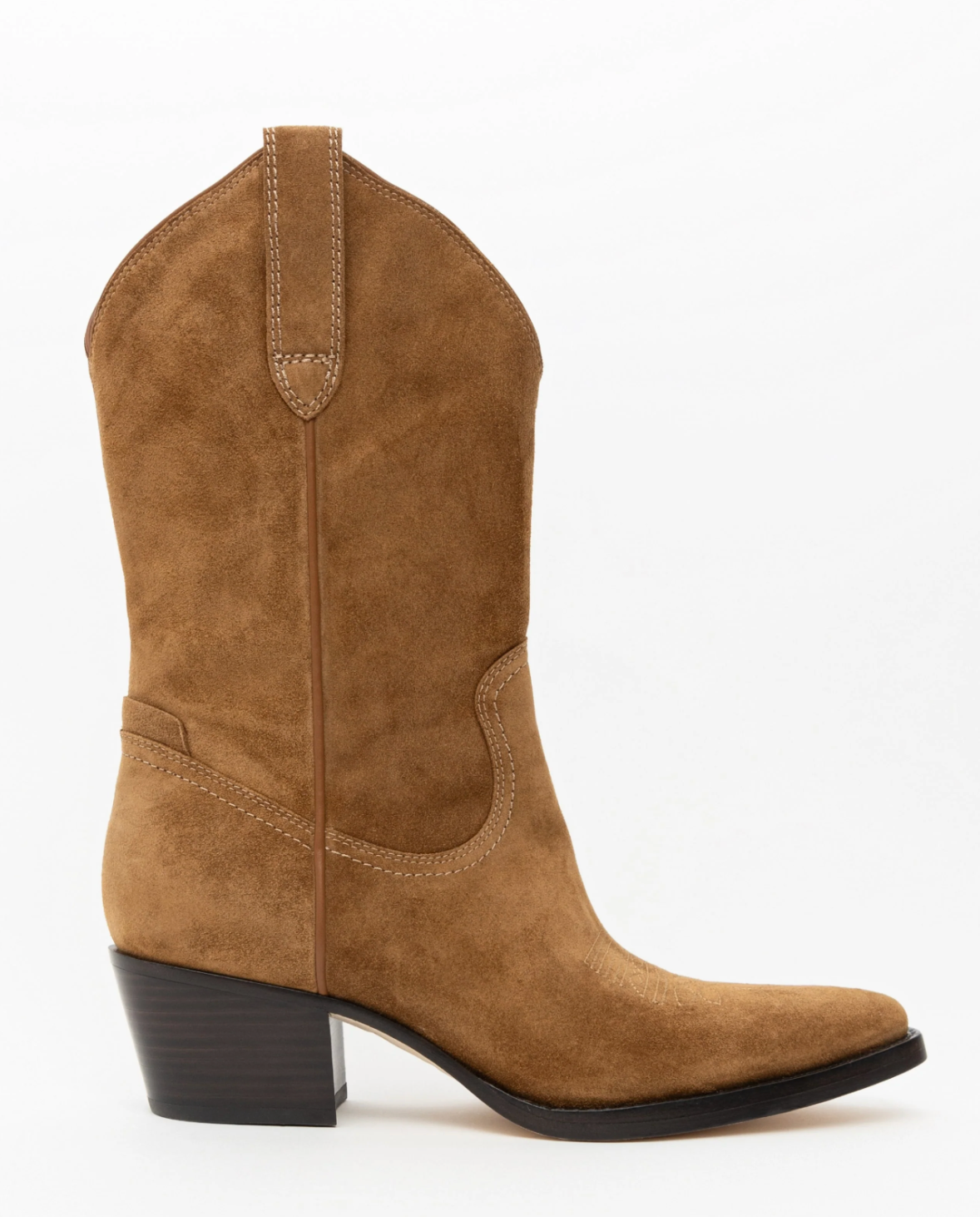 A single brown suede cowboy boot with a pointed toe and a dark stacked heel, shown in profile against a plain white background.