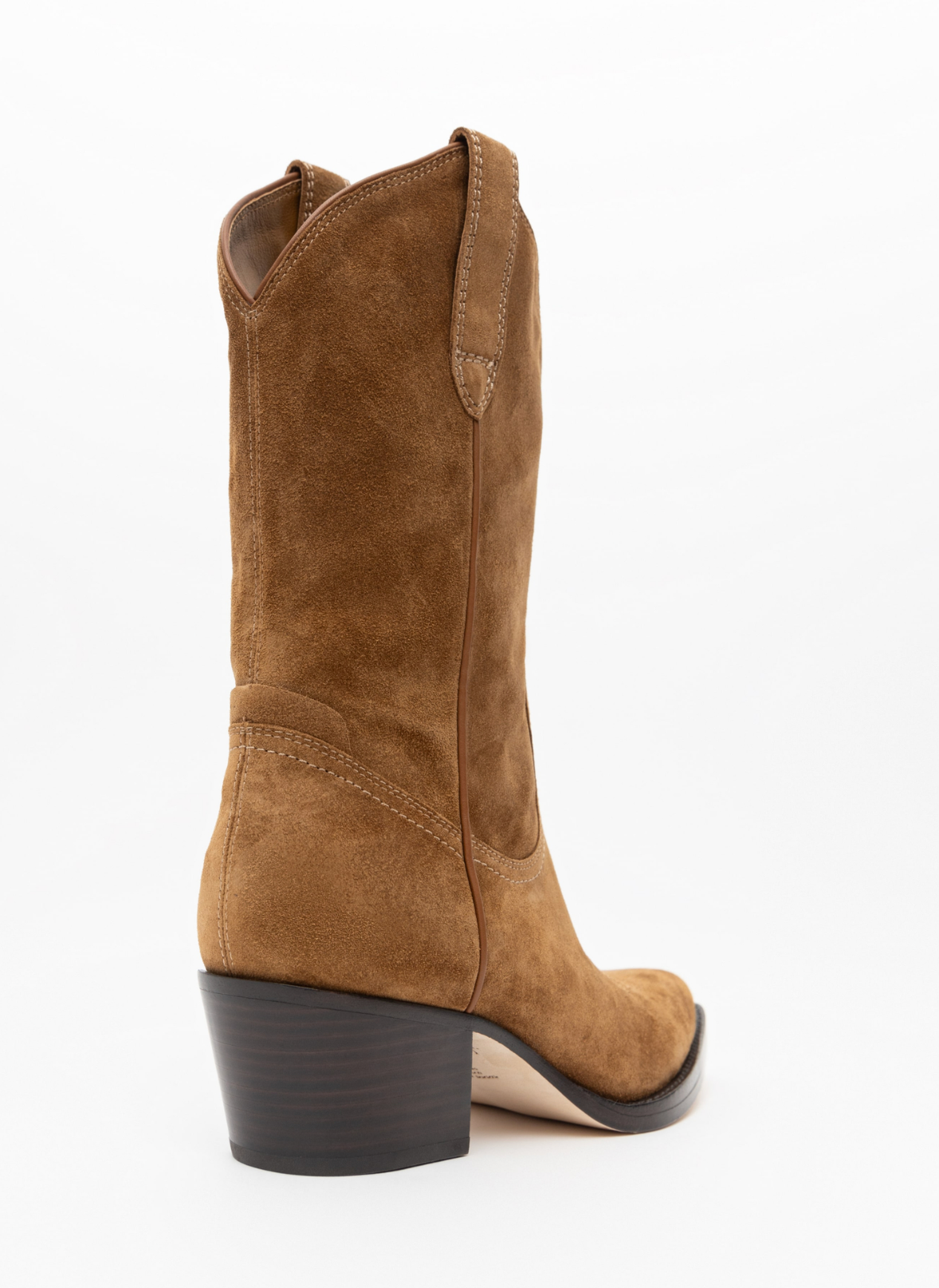 A single brown suede cowboy boot shown from a rear three-quarter view against a plain white background.