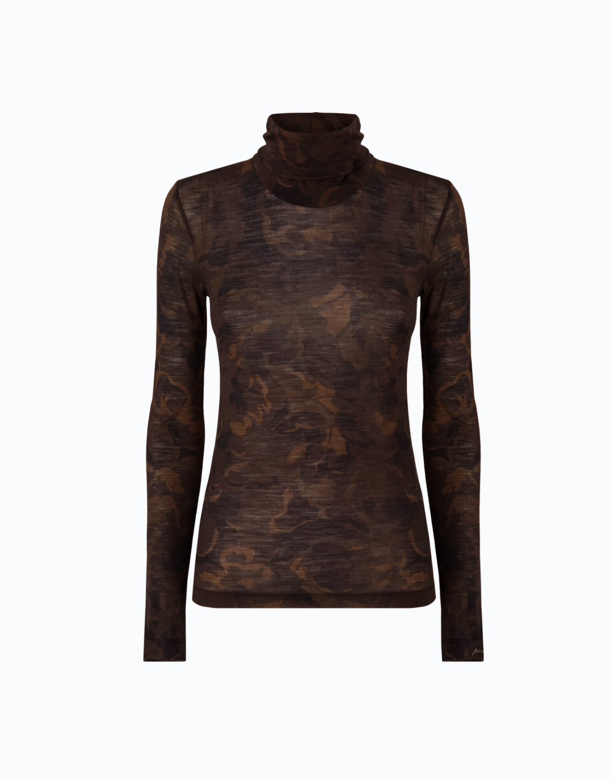 A long-sleeve cowl neck top with a dark brown and black abstract textured pattern, shown on a plain white background.