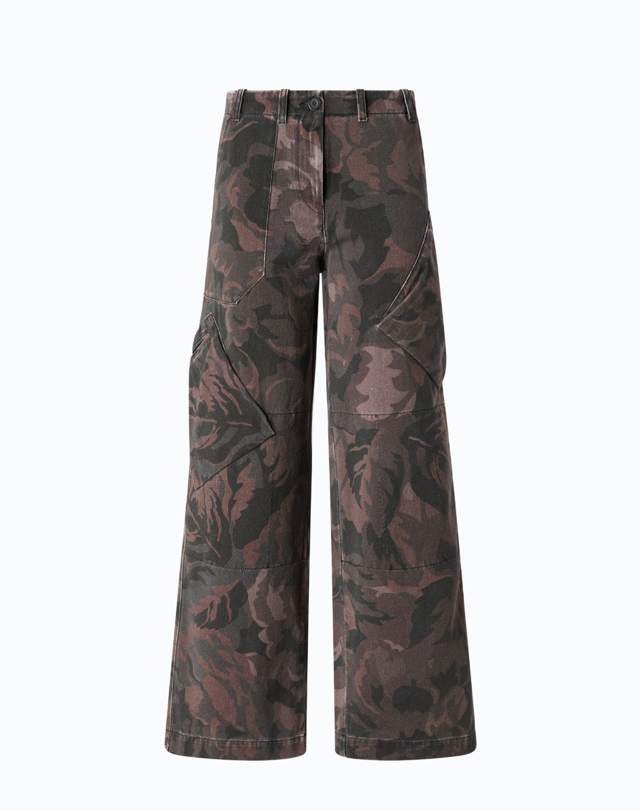 Wide-leg cargo pants featuring an abstract camouflage pattern in dark brown, charcoal gray, and muted burgundy, shown against a plain white background.