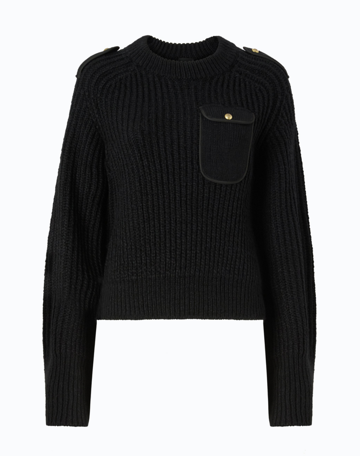 A black ribbed knit cropped sweater with shoulder epaulets, a chest pocket with a gold-tone snap, and long sleeves, shown on a plain white background.