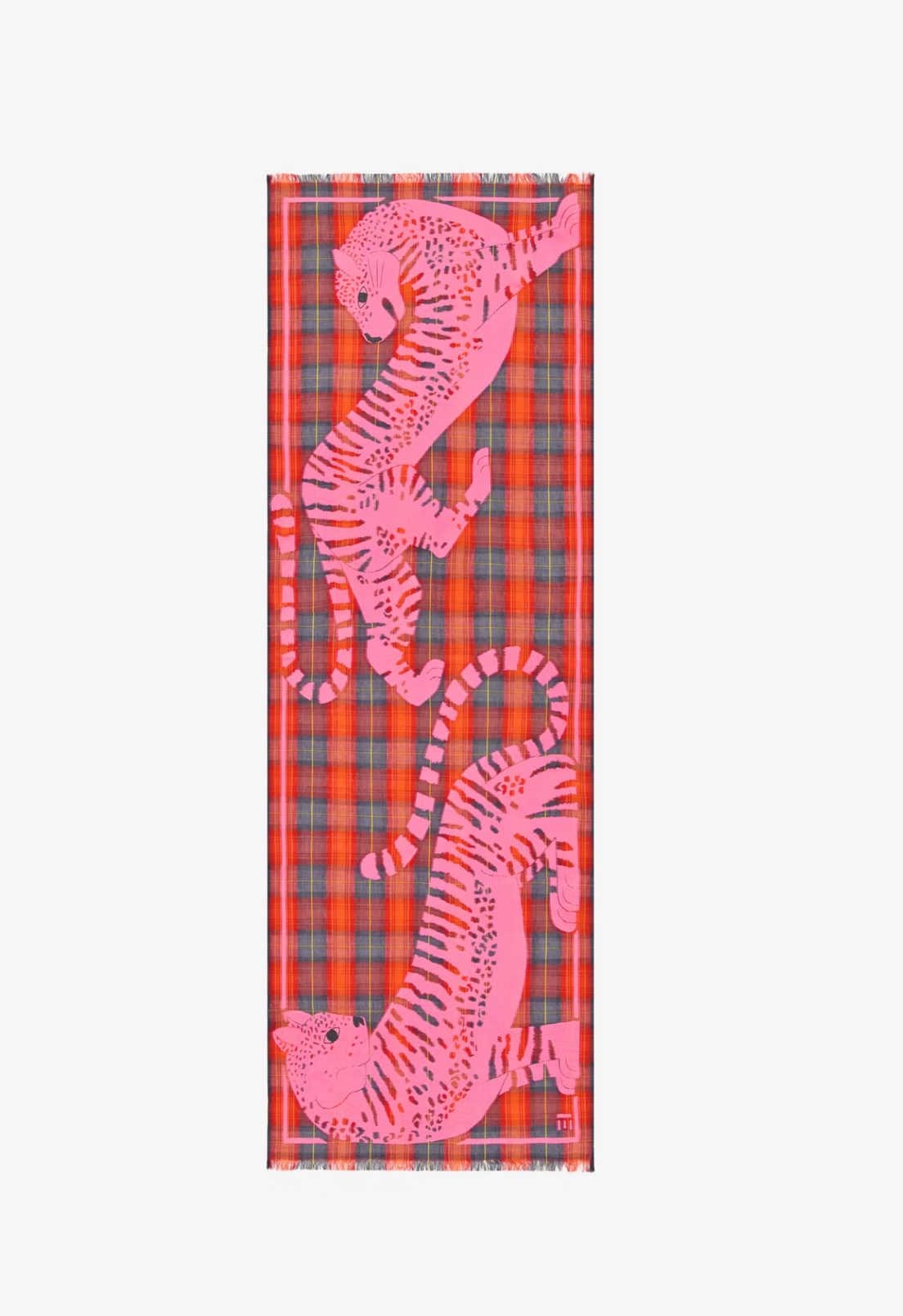 A rectangular scarf featuring a vibrant pink tiger print over a red and blue plaid background, displayed flat against a light gray backdrop.