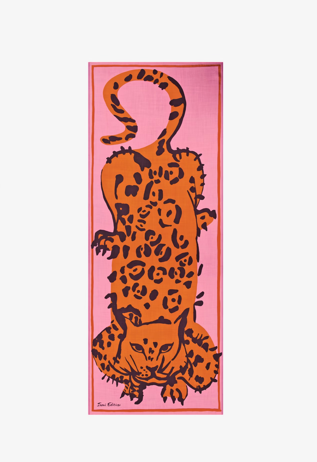 A rectangular pink scarf featuring a stylized orange leopard with black spots, shown flat against a light gray background.