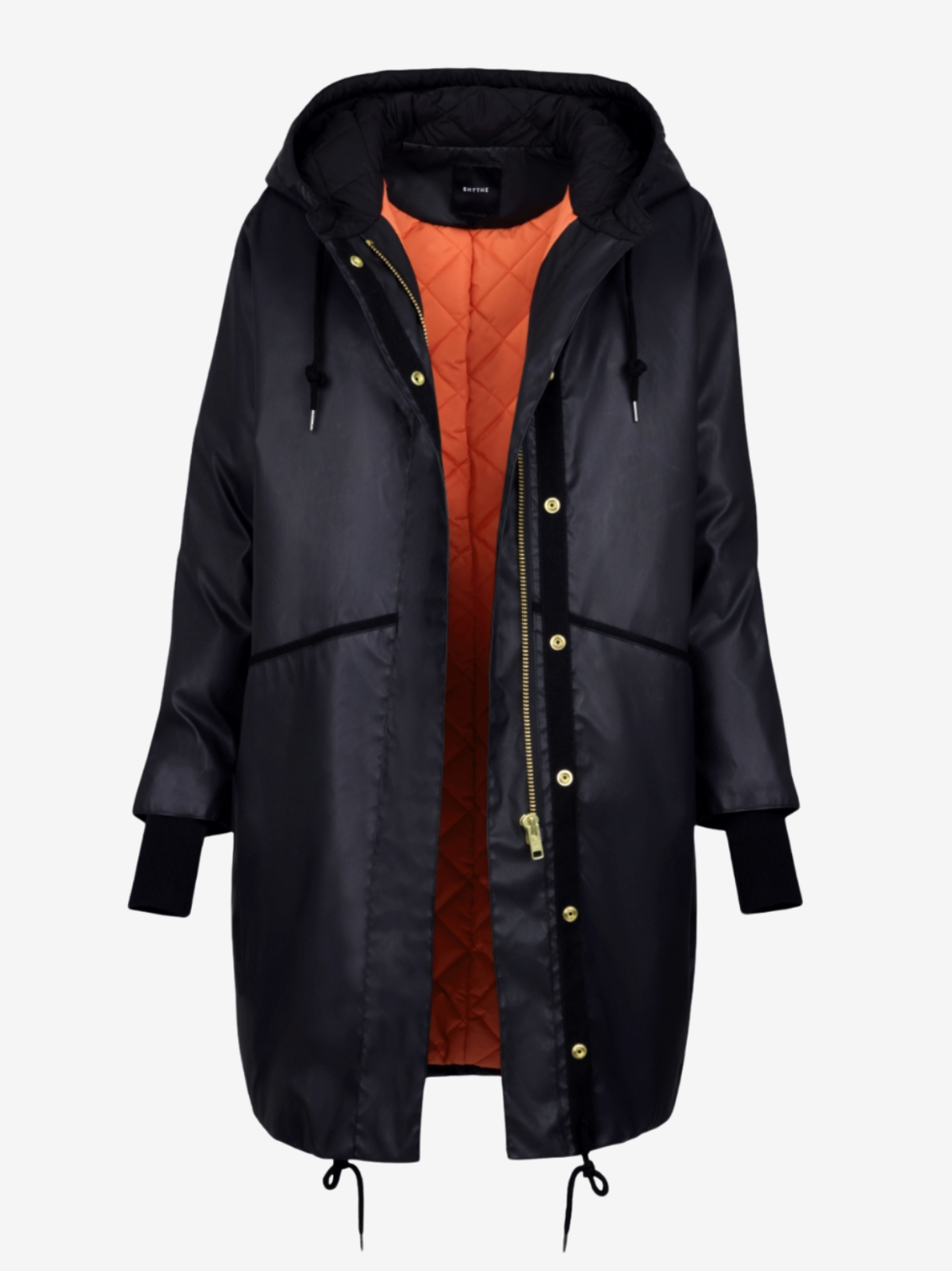 A black hooded puffer coat with a bright orange quilted lining, featuring gold-tone snap buttons and drawstrings, shown against a plain light gray background.