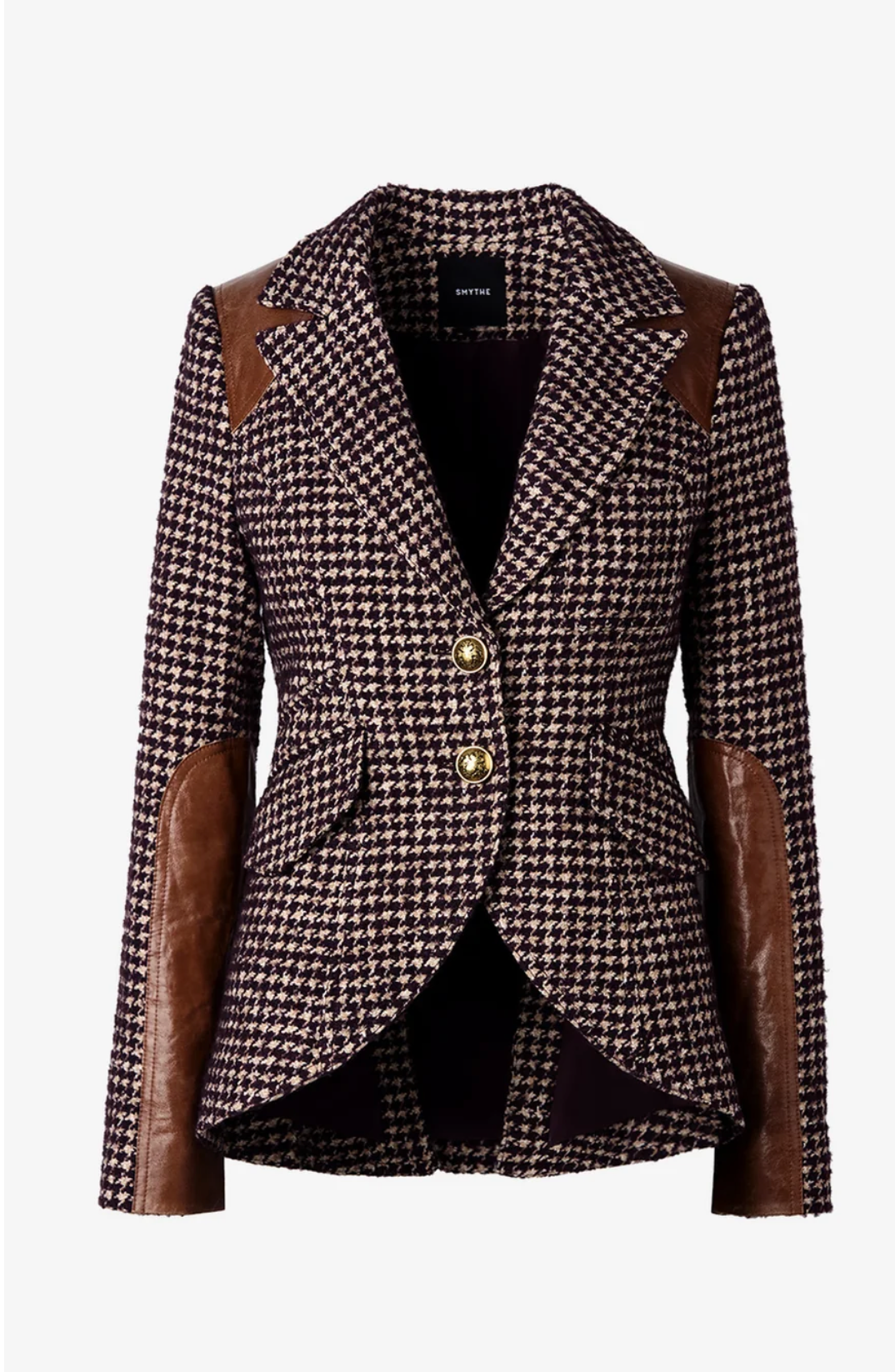 A women's tailored blazer with a brown and beige houndstooth pattern, featuring solid brown faux-leather shoulder and elbow patches, and gold-tone buttons.