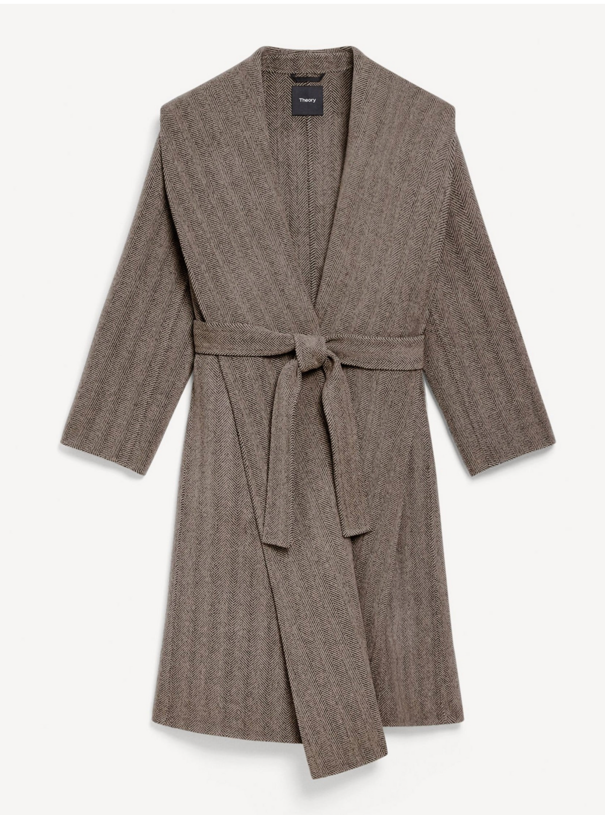 A taupe brown ribbed wool wrap robe with a matching tie belt, shown flat on a light off-white background.