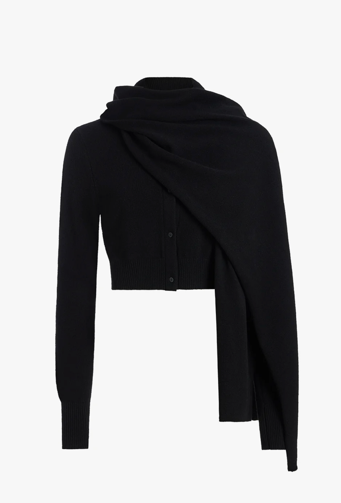 A black long-sleeve cropped cardigan featuring an asymmetrical draped wrap design over the shoulders and front buttons, shown against a plain white background.
