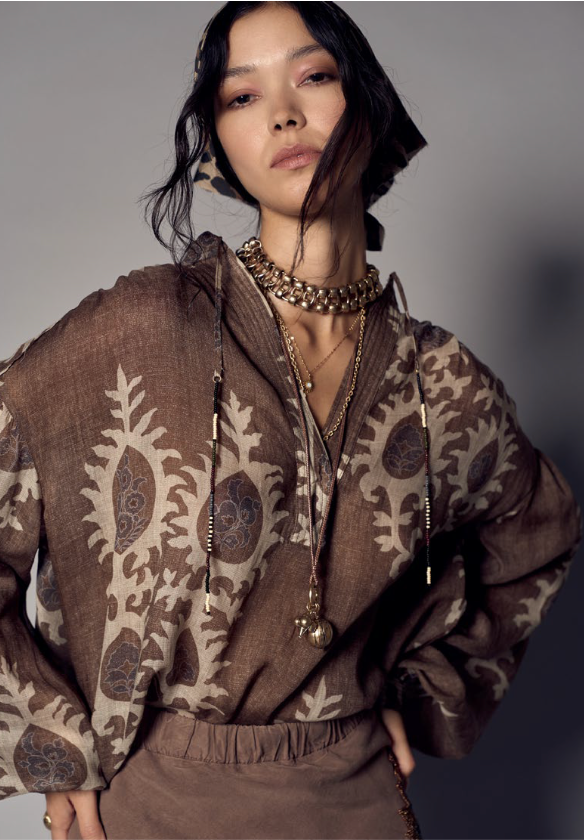 Printed Ramie Shirt with Ruffles & Beaded Coulisse