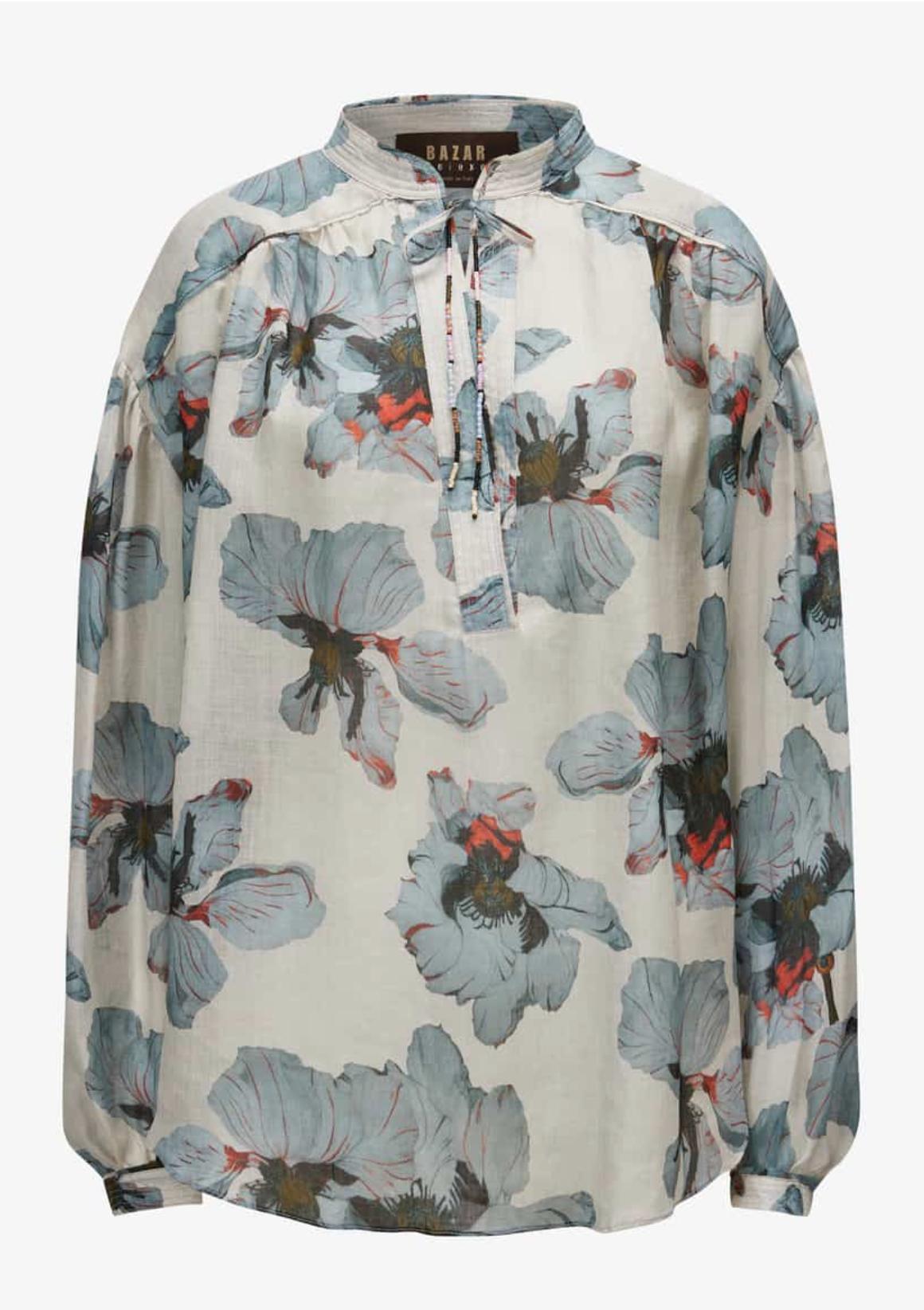 Printed Ramie Shirt with Ruffles & Beaded Coulisse