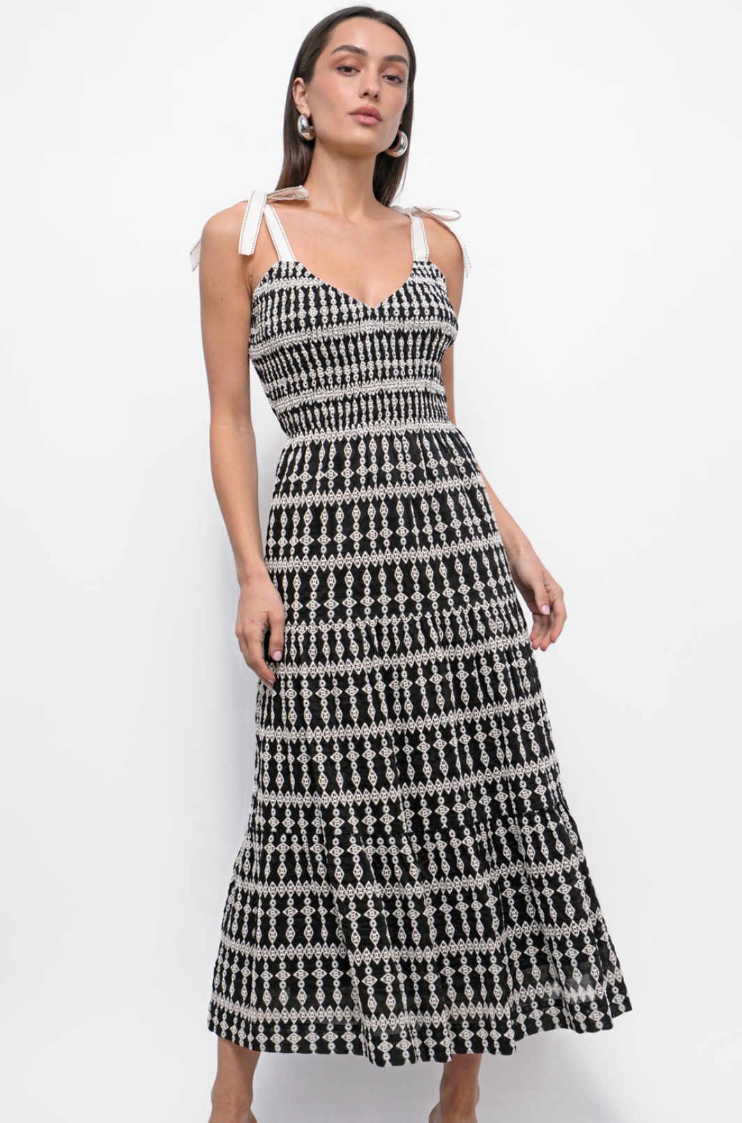 Jayla Embroidery Eyelet Smocked Midi Dress