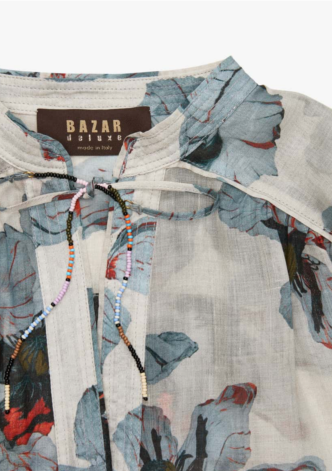 Printed Ramie Shirt with Ruffles & Beaded Coulisse