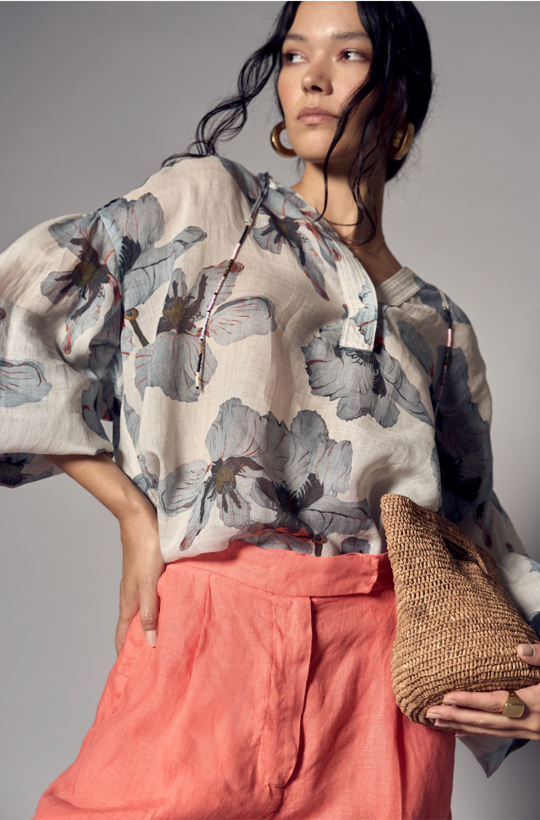 Printed Ramie Shirt with Ruffles & Beaded Coulisse